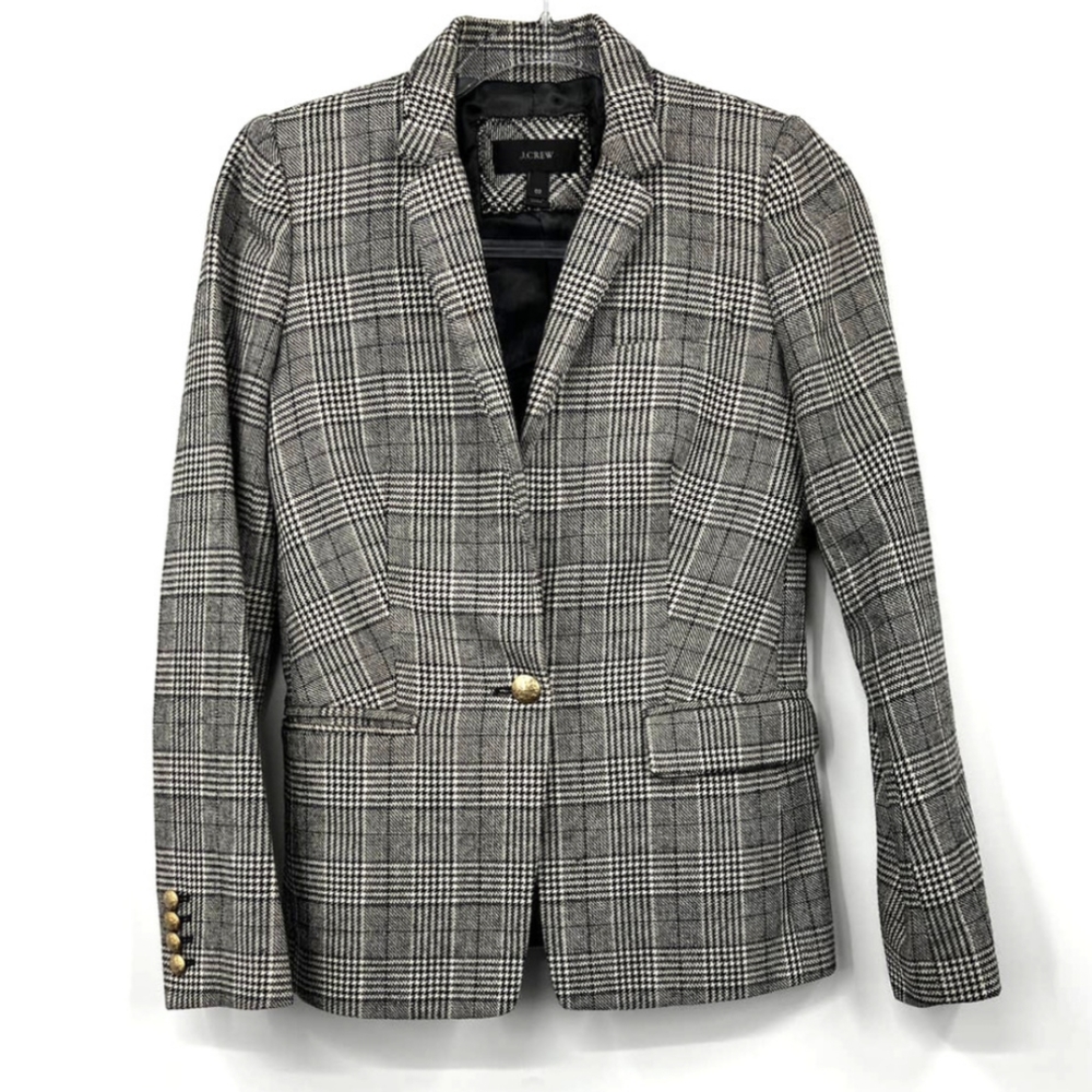 J. Crew Regent Blazer in Glen Plaid Jacket Wool Gold Button Long Sleeve Size 00